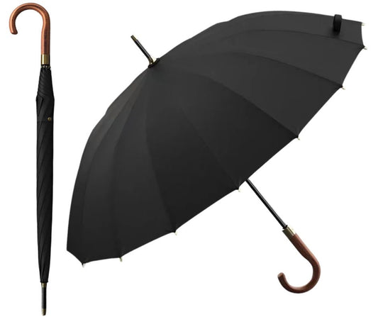 Windproof Business Luxury Umbrella with Wooden Hook J Handle - 16 ribs