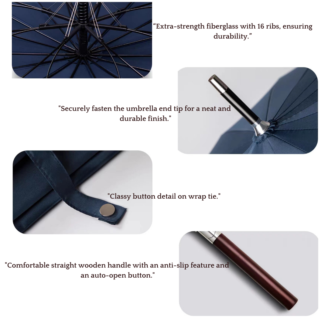 Windproof Business Luxury Umbrella with Straight Wooden Handle - 16 ribs