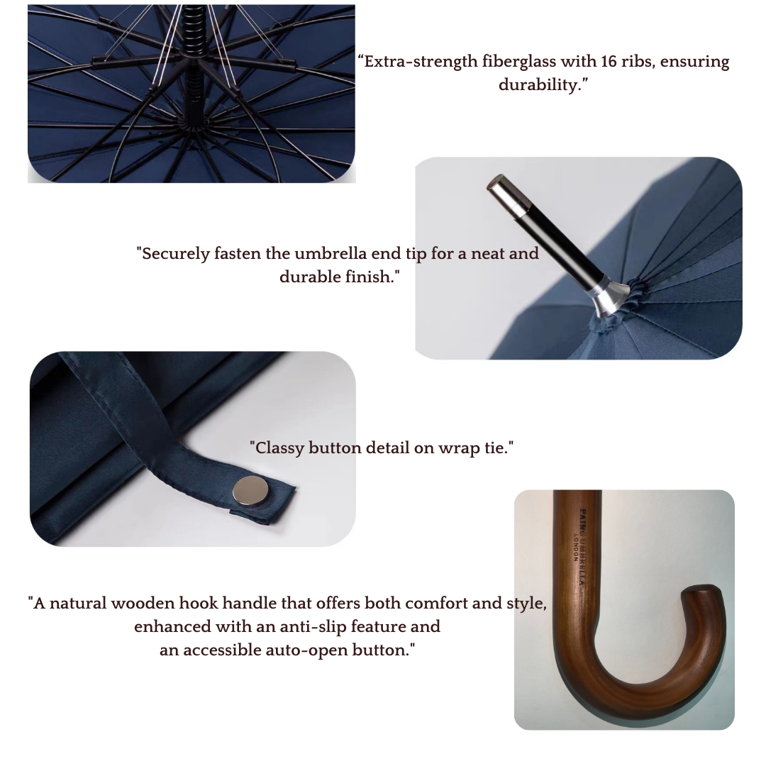 Windproof Business Luxury Umbrella with Wooden Hook J Handle - 16 ribs